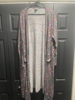 LuLaRoe Long Open Front Cardigan in Black with Pink and Purple Pattern